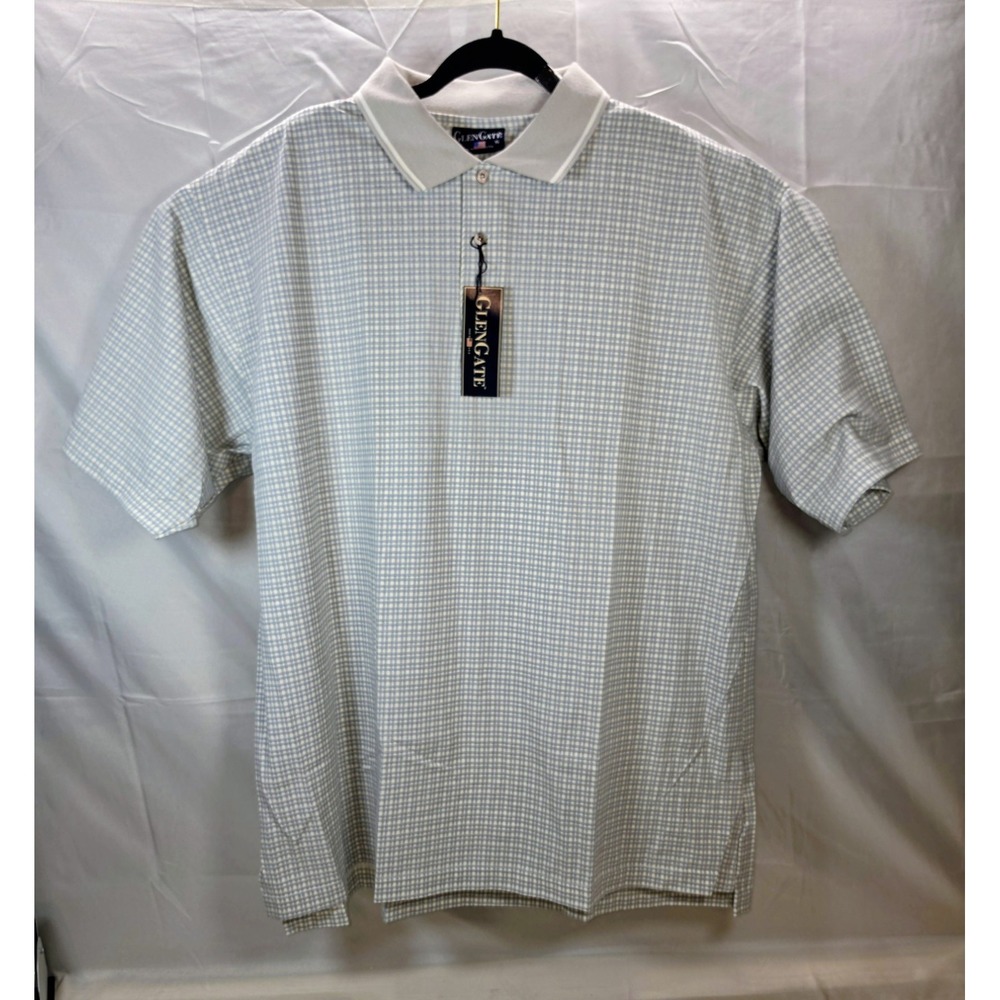 Vntg Golf Polo Shirt White Check Print Glen Gate Short Sleeve Men's XLarge USA